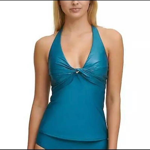 DKNY TEAL Twist-Front Halter Tankini Swim Top, US Small - Picture 1 of 2
